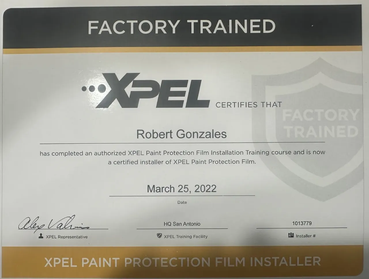 Official XPEL Factory Trained paint protection film installer certificate issued to Robert Gonzales of Sunshades Tint & Sound, Austin, TX
